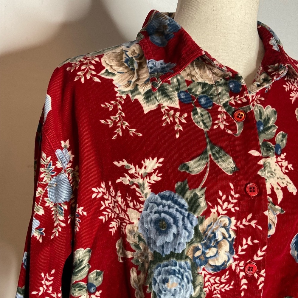Cabincreek Vintage Red Corduroy Floral Collar Button Up Long Sleeve Shirt Large